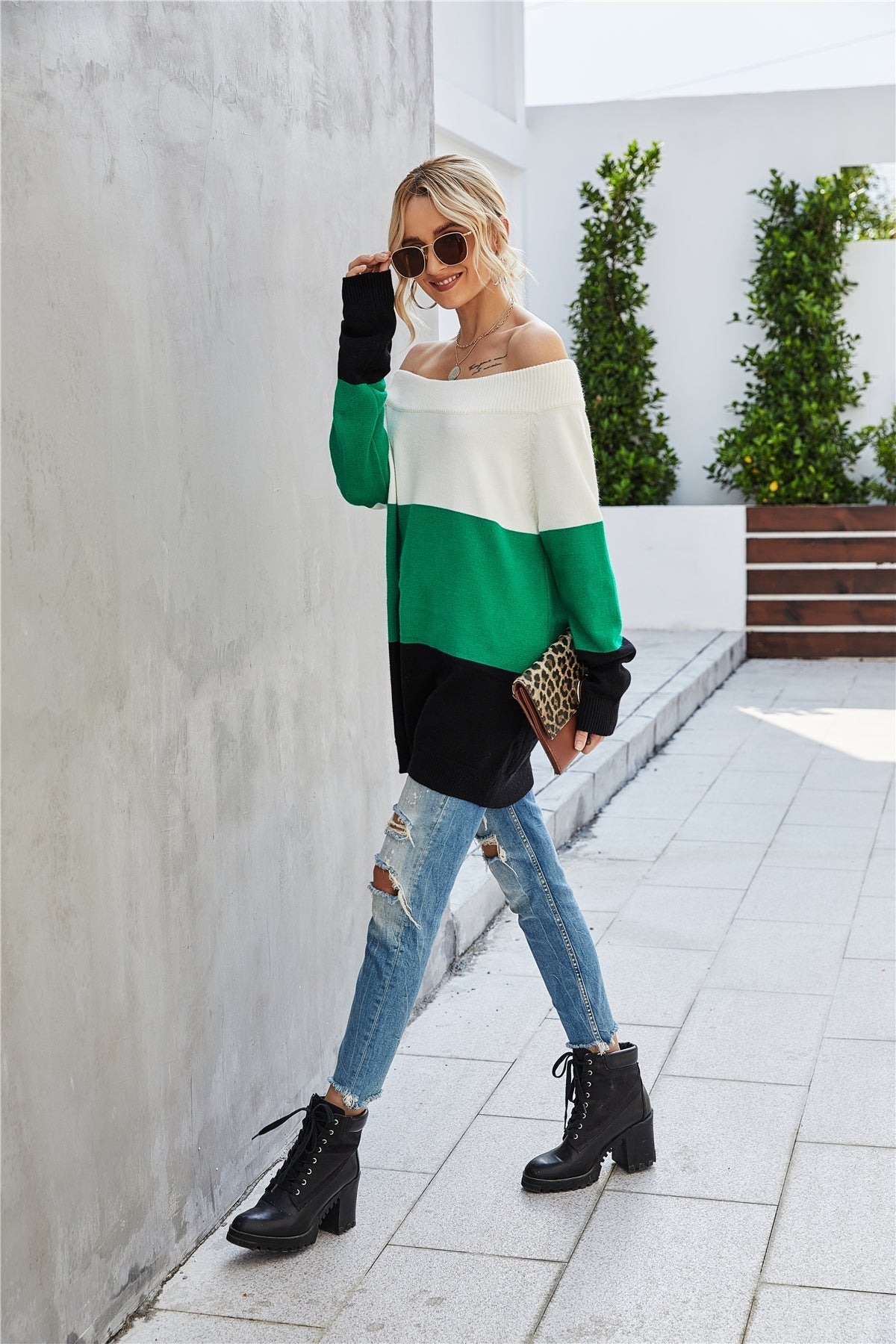Off The Shoulder Color Block Sweater