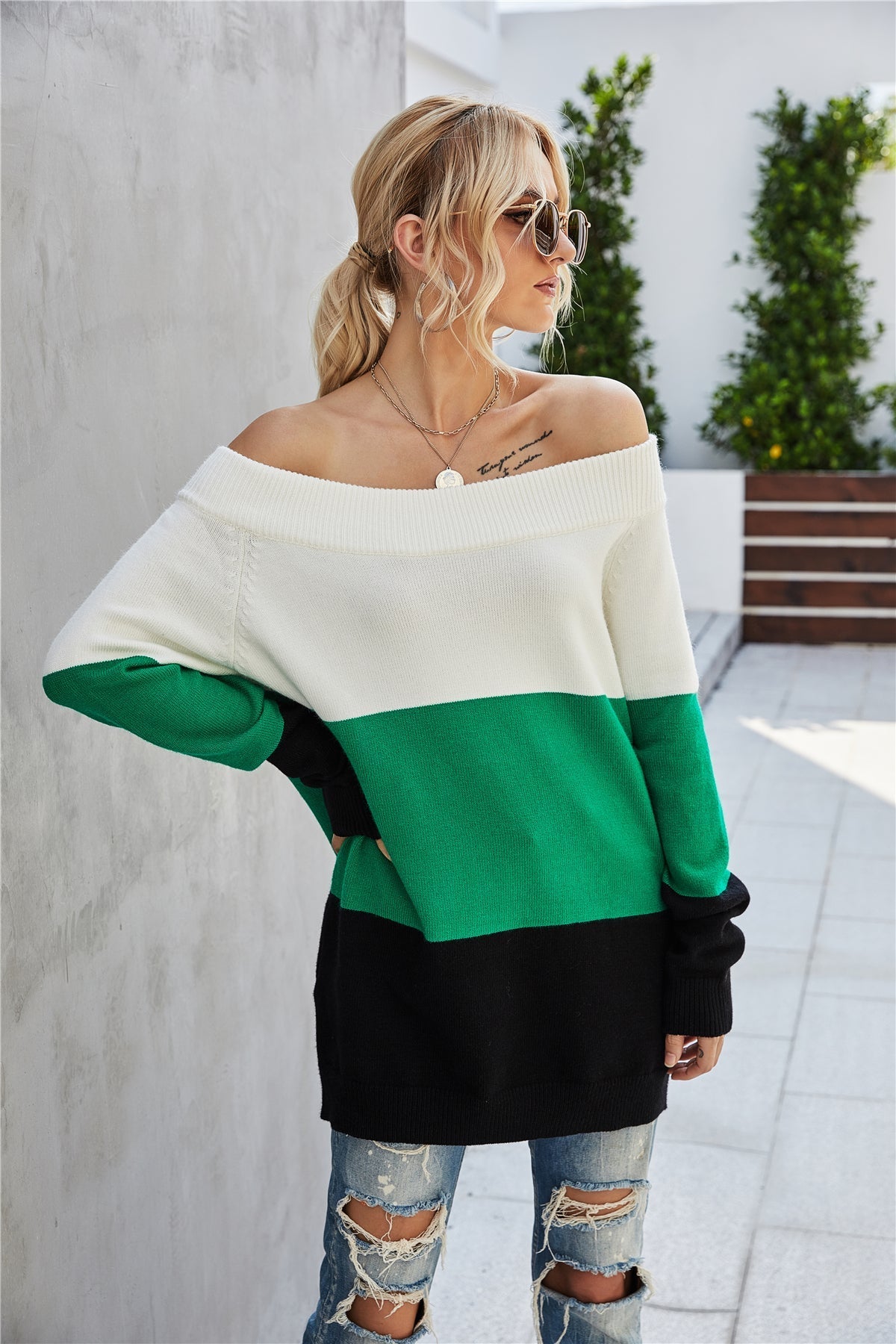 Off The Shoulder Color Block Sweater