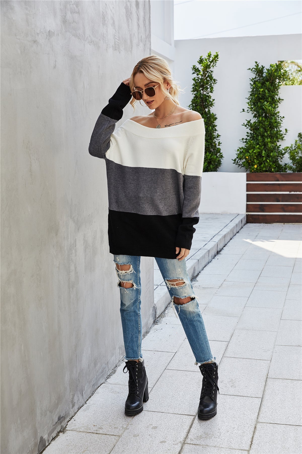 Off The Shoulder Color Block Sweater