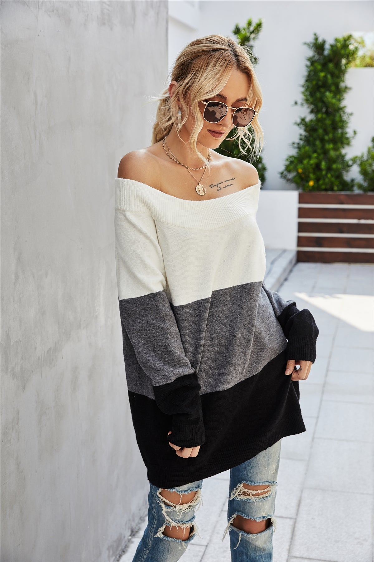 Off The Shoulder Color Block Sweater