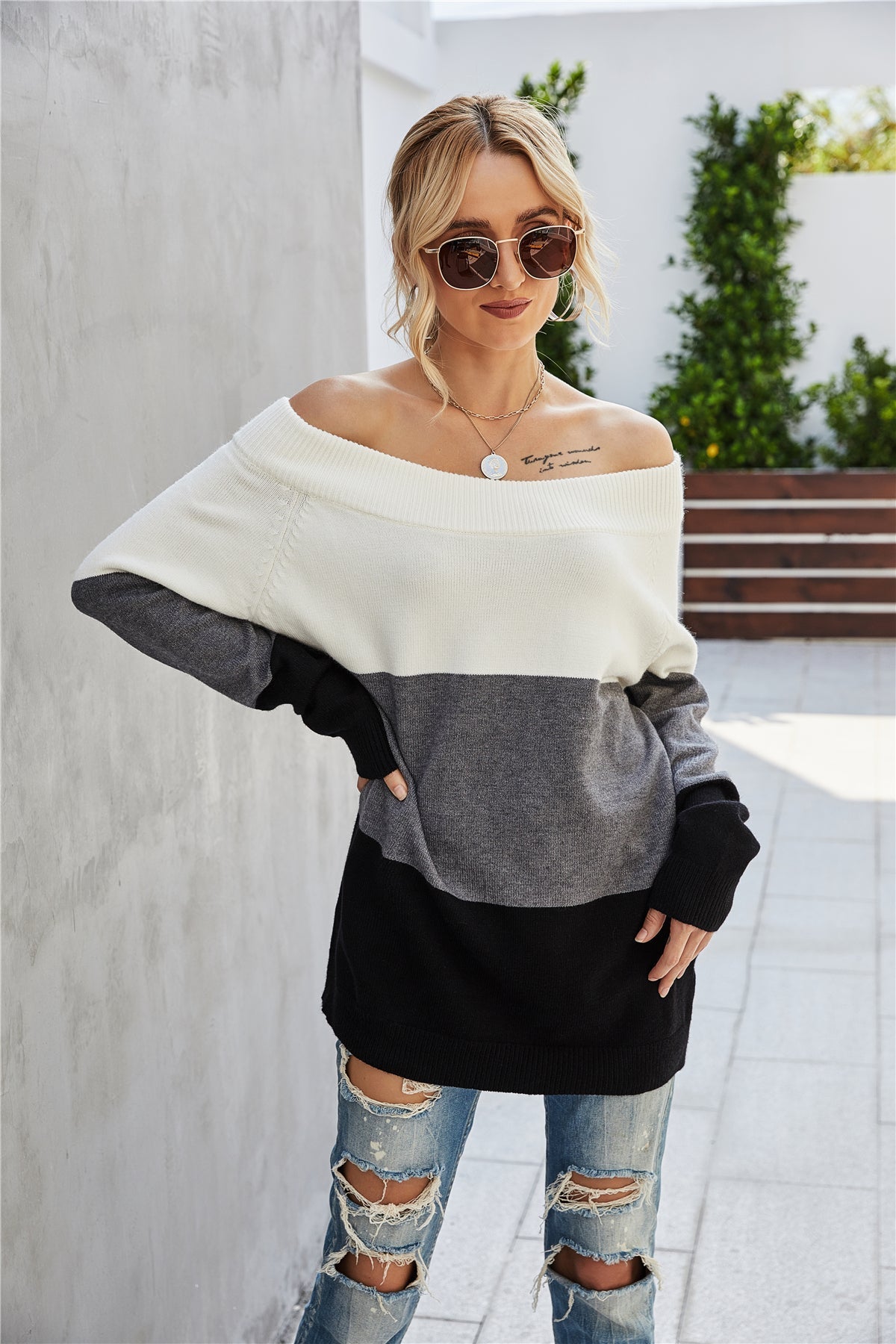 Off The Shoulder Color Block Sweater