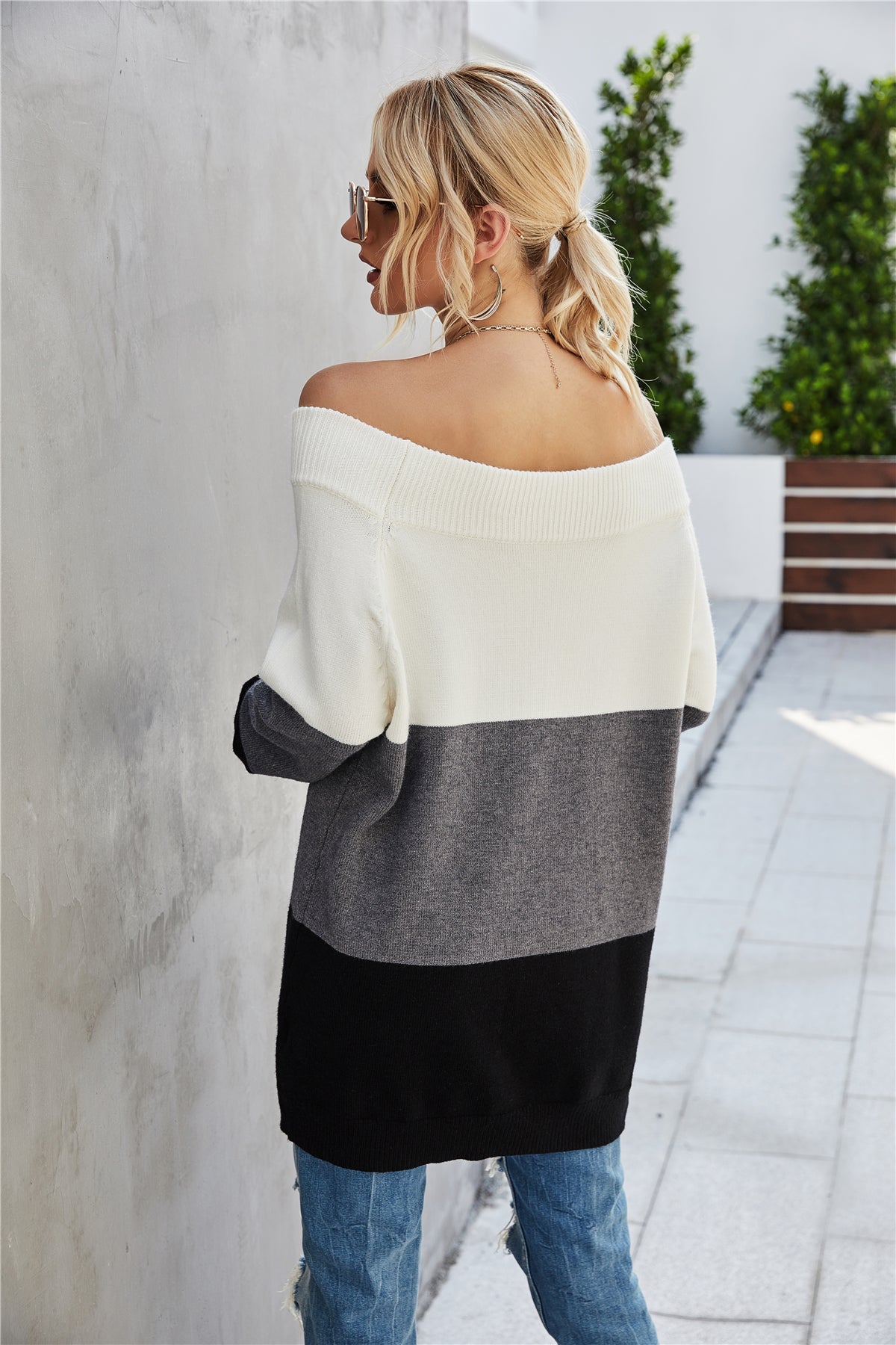 Off The Shoulder Color Block Sweater
