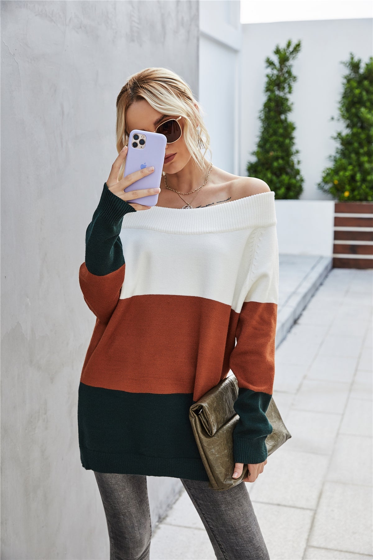 Off The Shoulder Color Block Sweater
