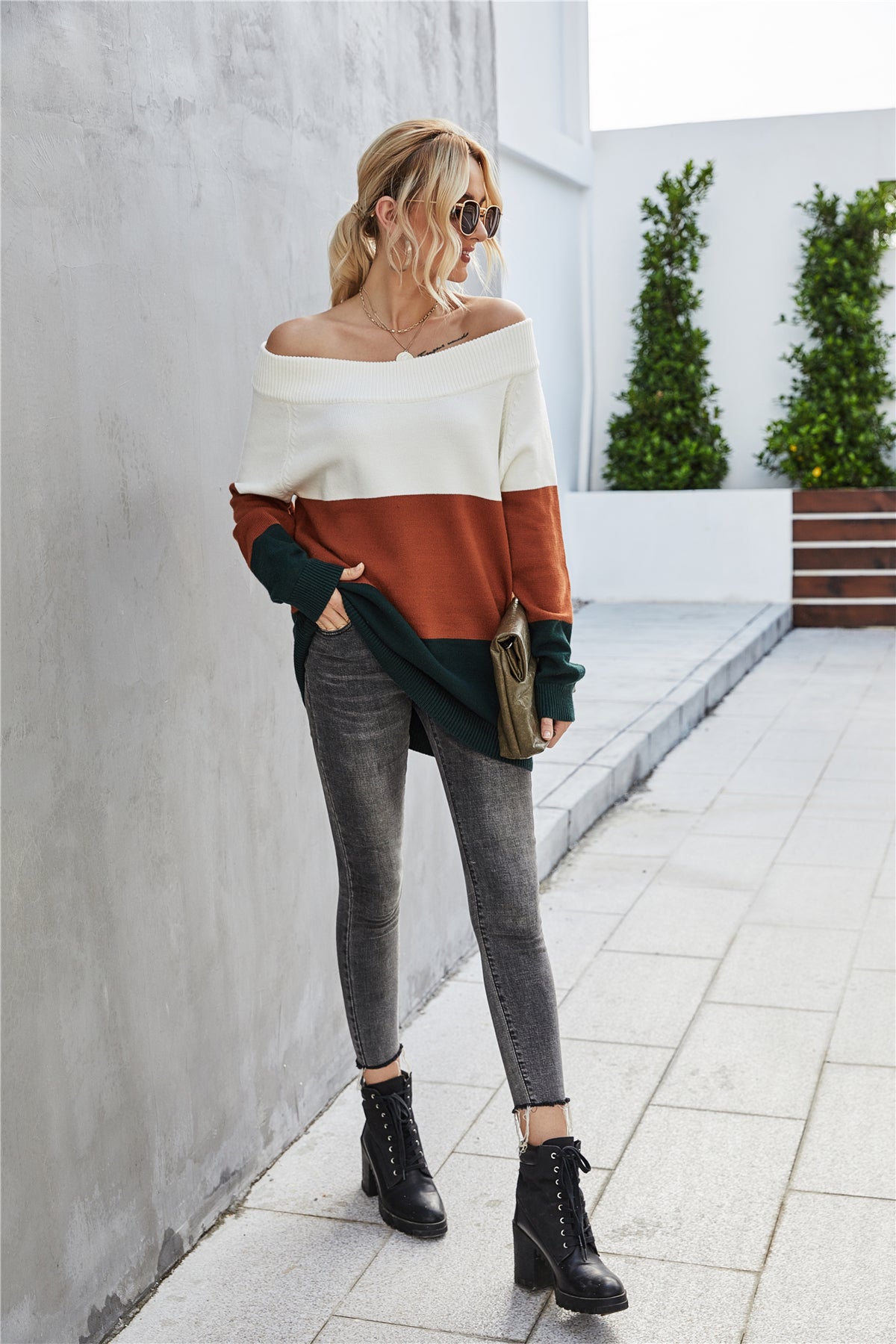 Off The Shoulder Color Block Sweater