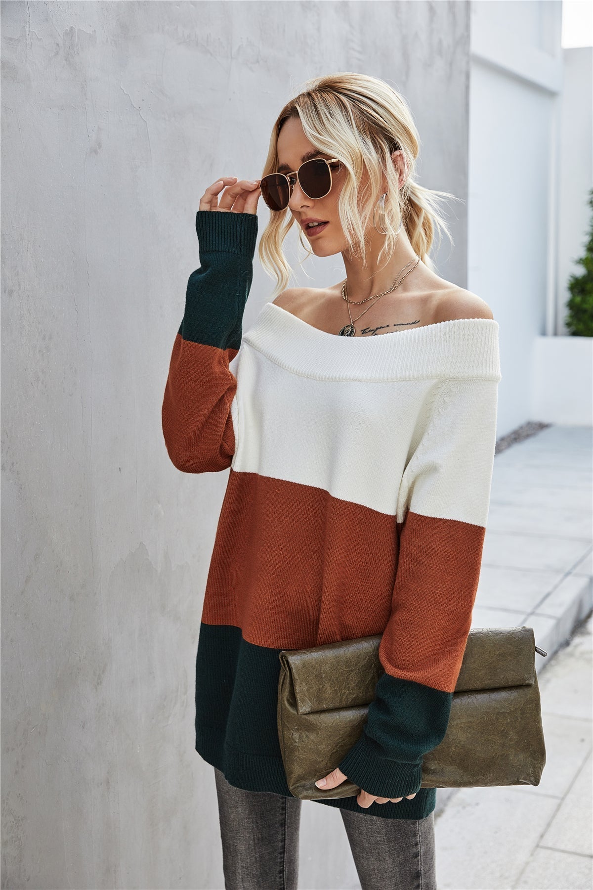 Off The Shoulder Color Block Sweater