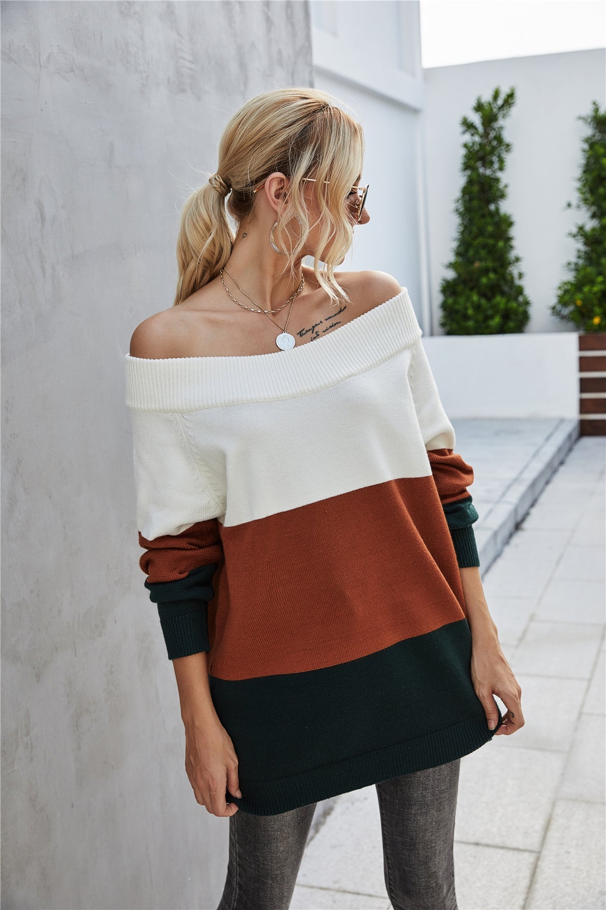 Off The Shoulder Color Block Sweater
