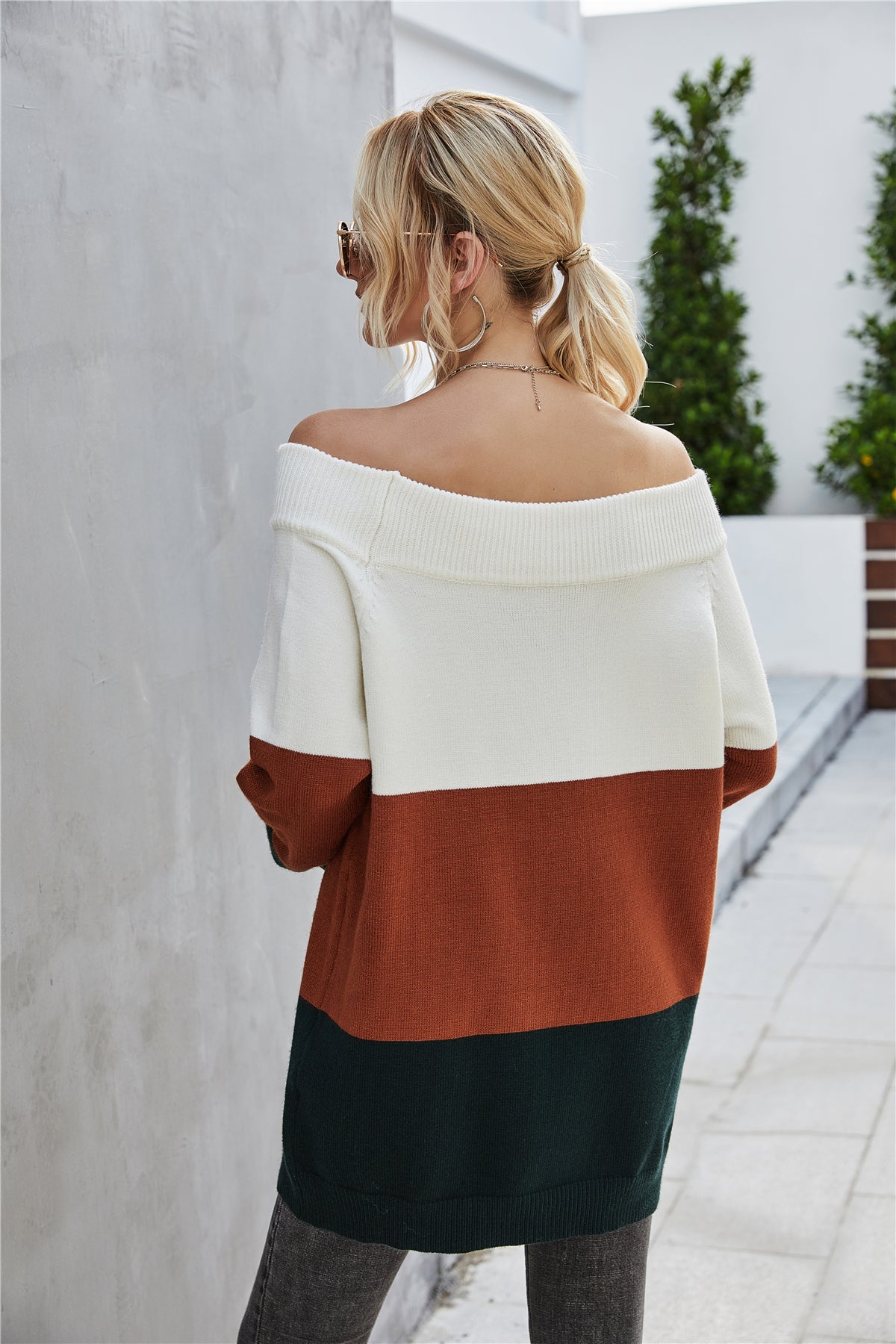 Off The Shoulder Color Block Sweater