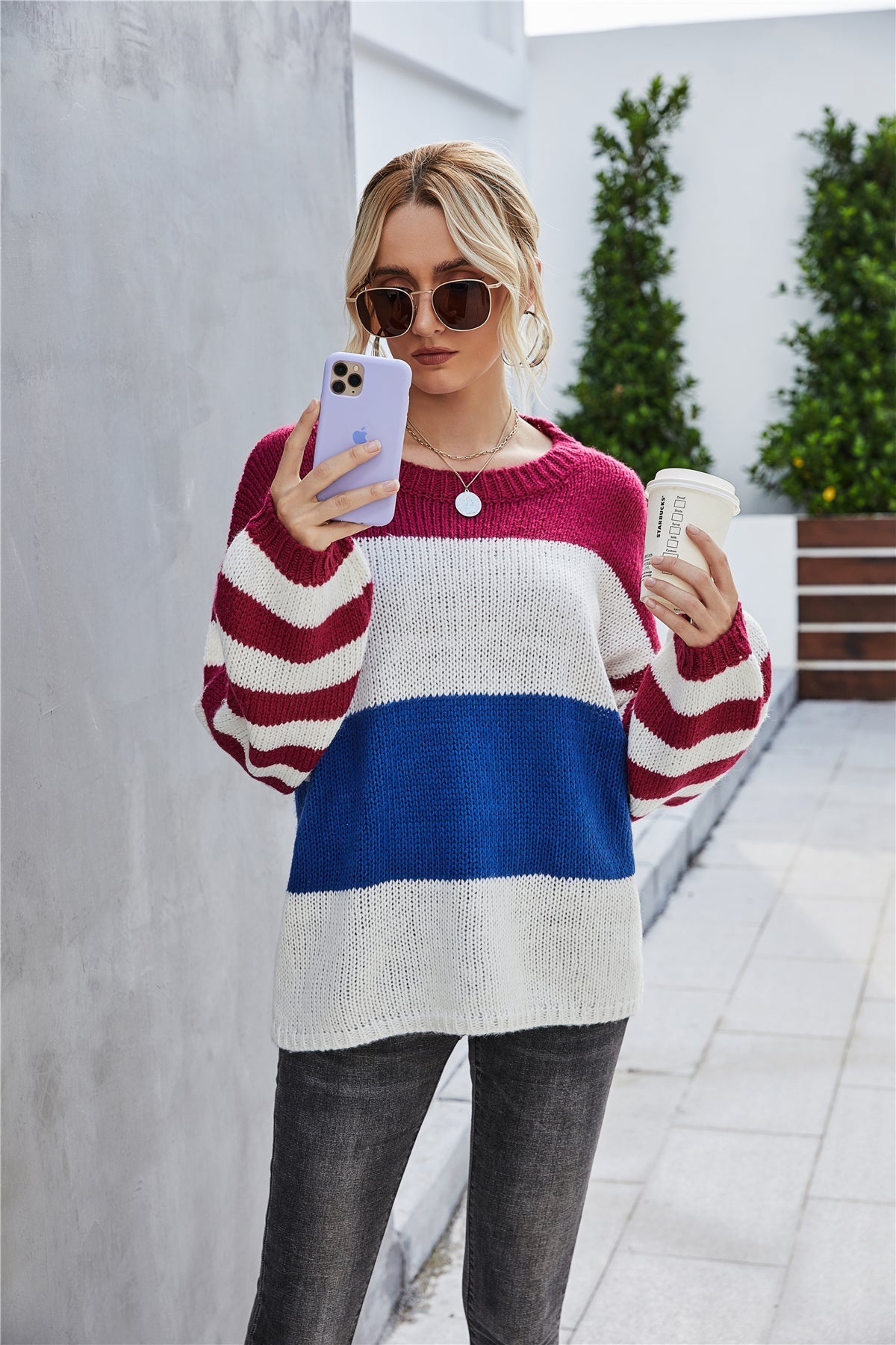 Patchwork Large Size  Round Collar Sweater