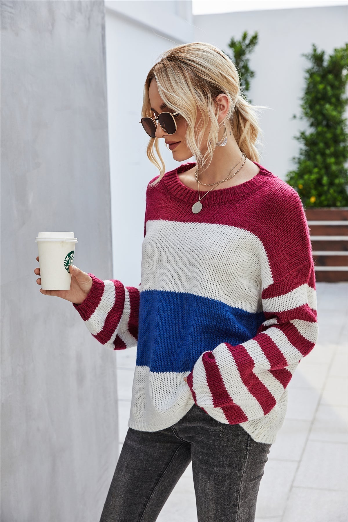 Patchwork Large Size  Round Collar Sweater