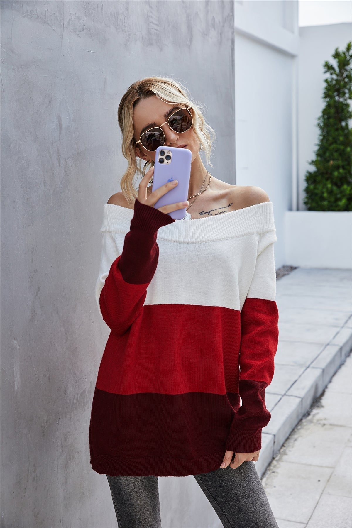 Off The Shoulder Color Block Sweater