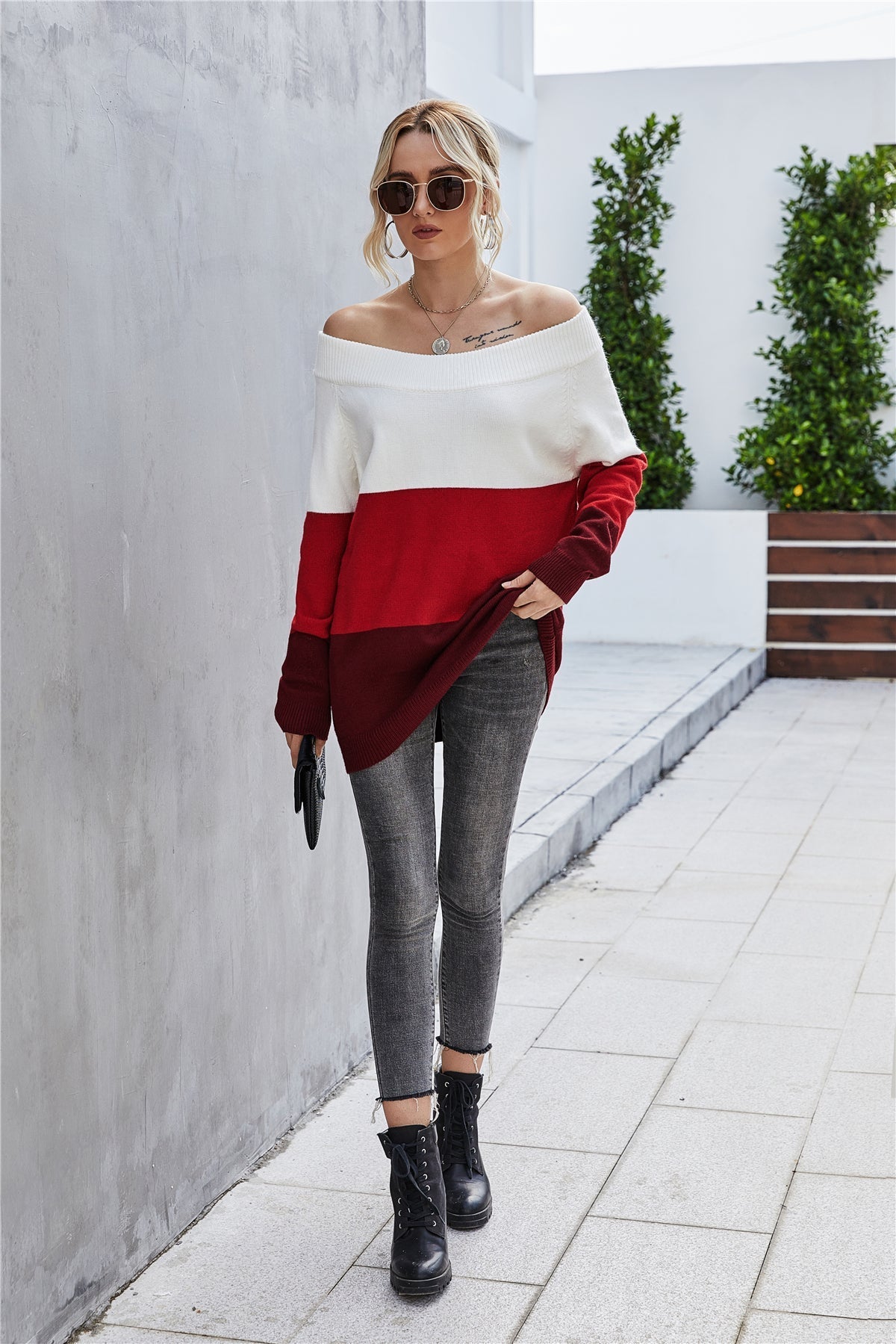 Off The Shoulder Color Block Sweater