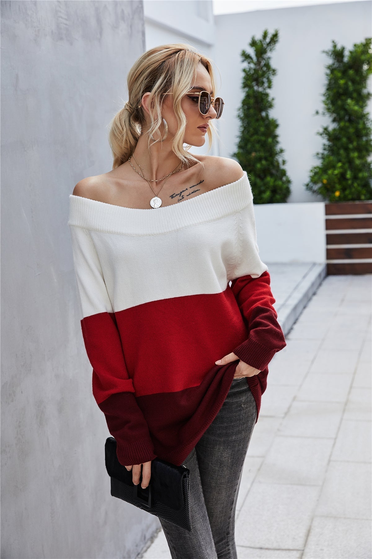 Off The Shoulder Color Block Sweater