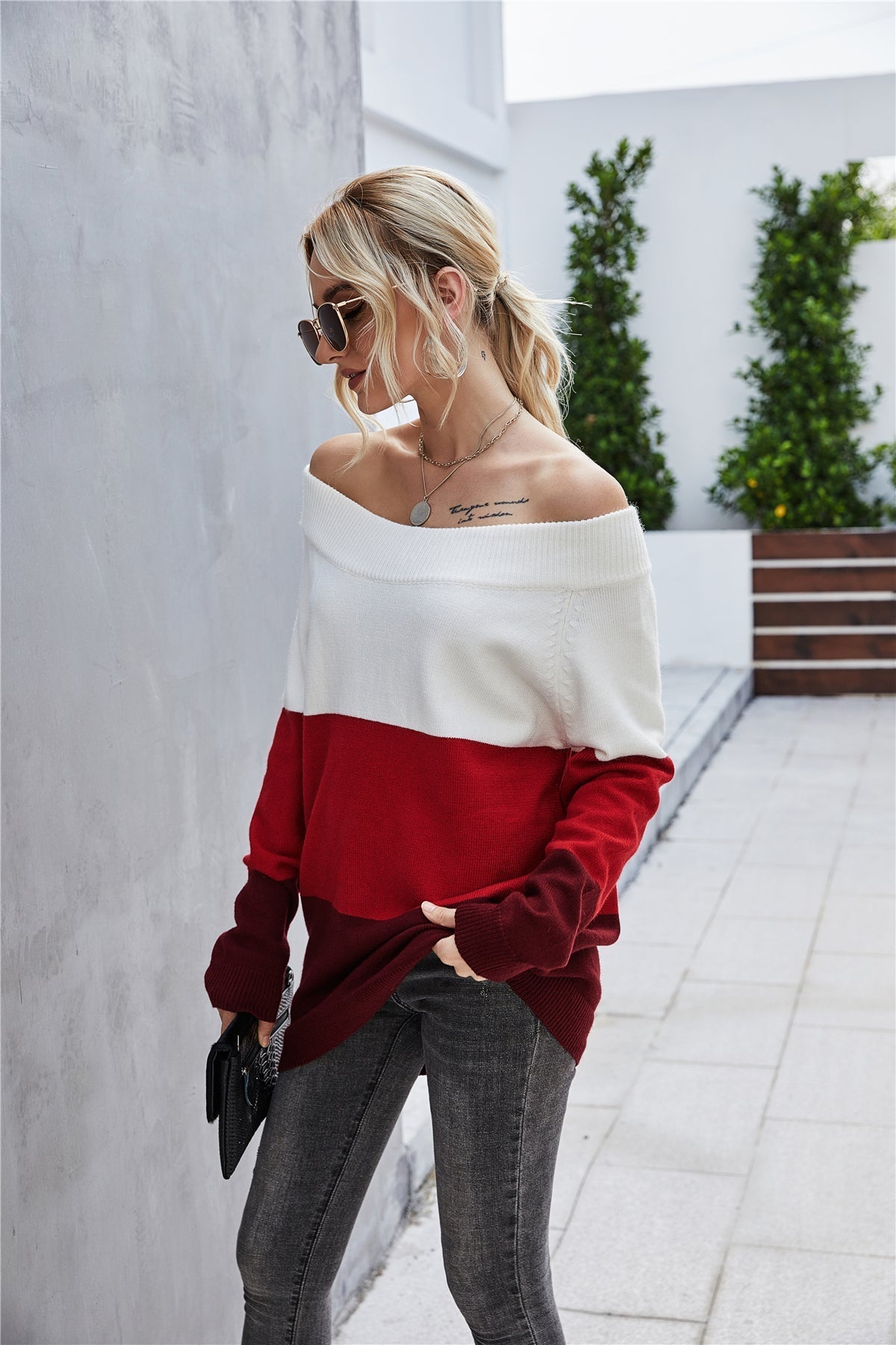 Off The Shoulder Color Block Sweater
