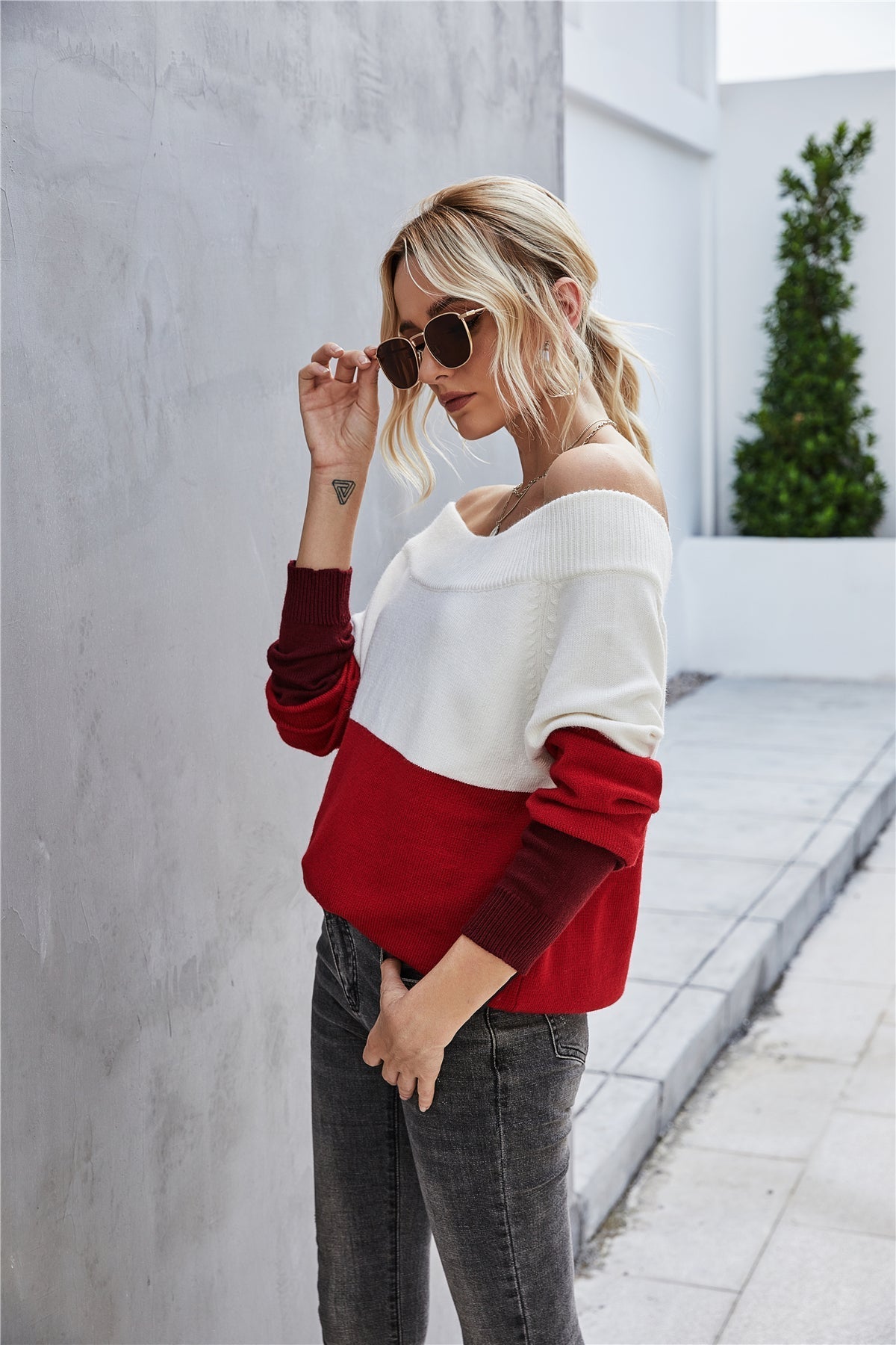 Off The Shoulder Color Block Sweater