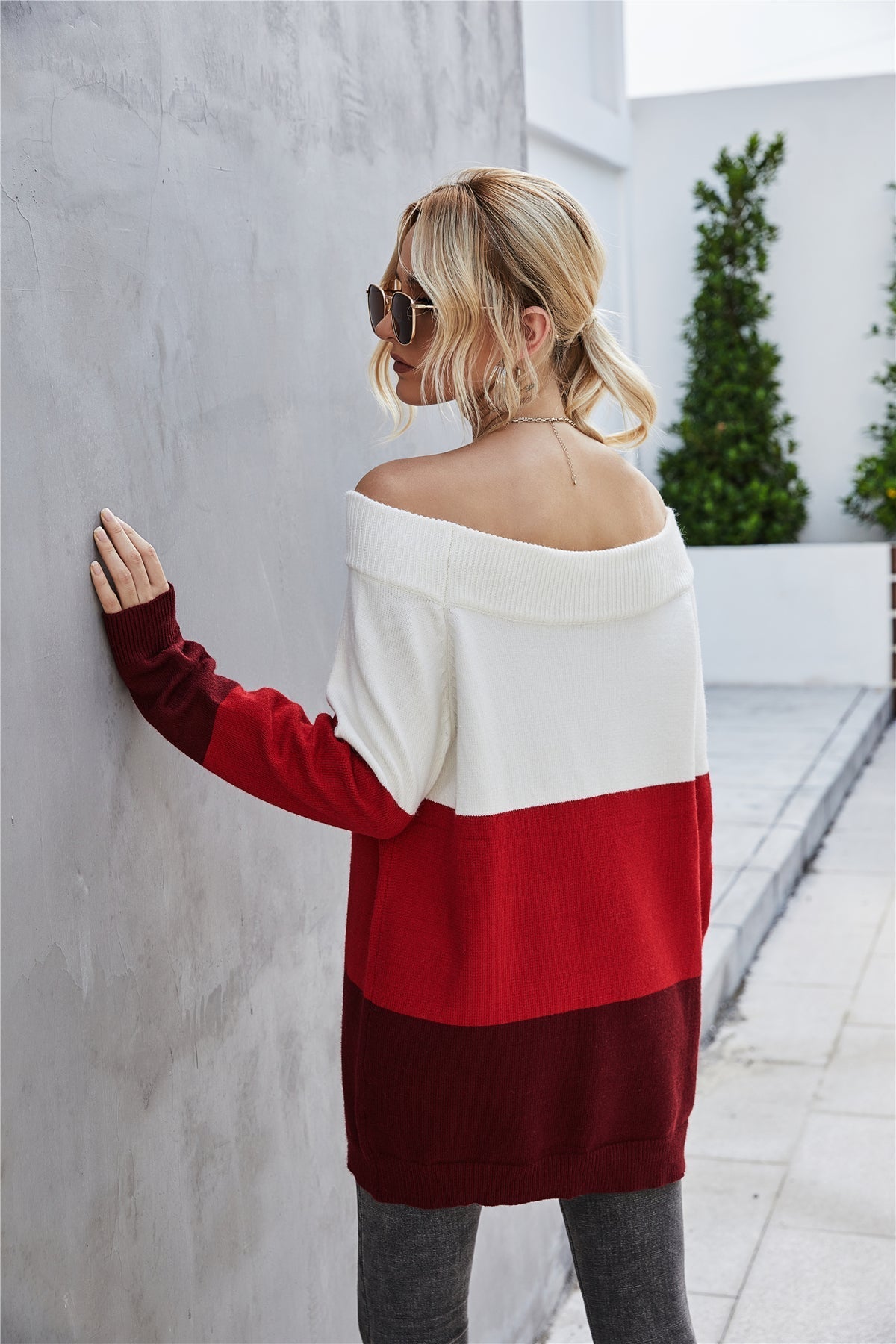 Off The Shoulder Color Block Sweater