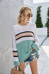 Scoop Neck Striped Color Block Pullover