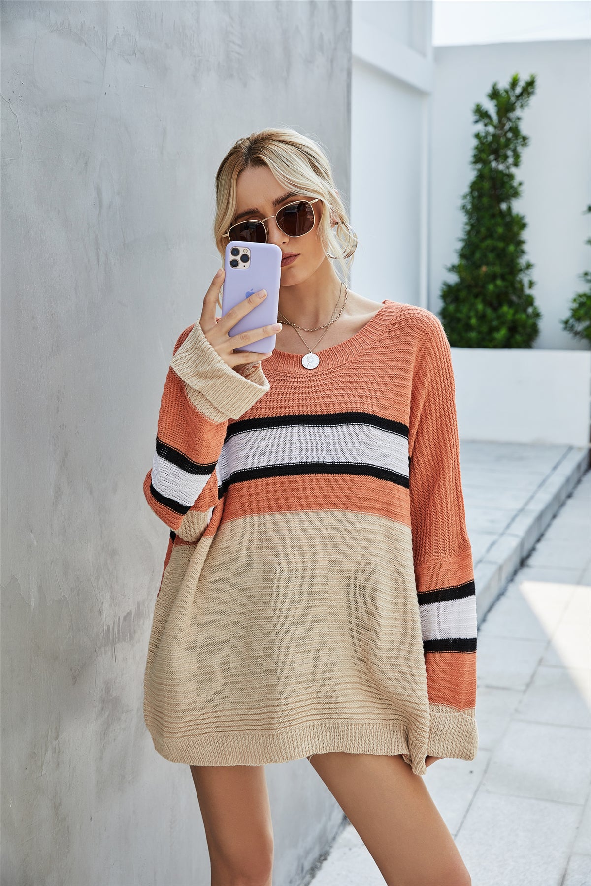 Scoop Neck Striped Color Block Pullover