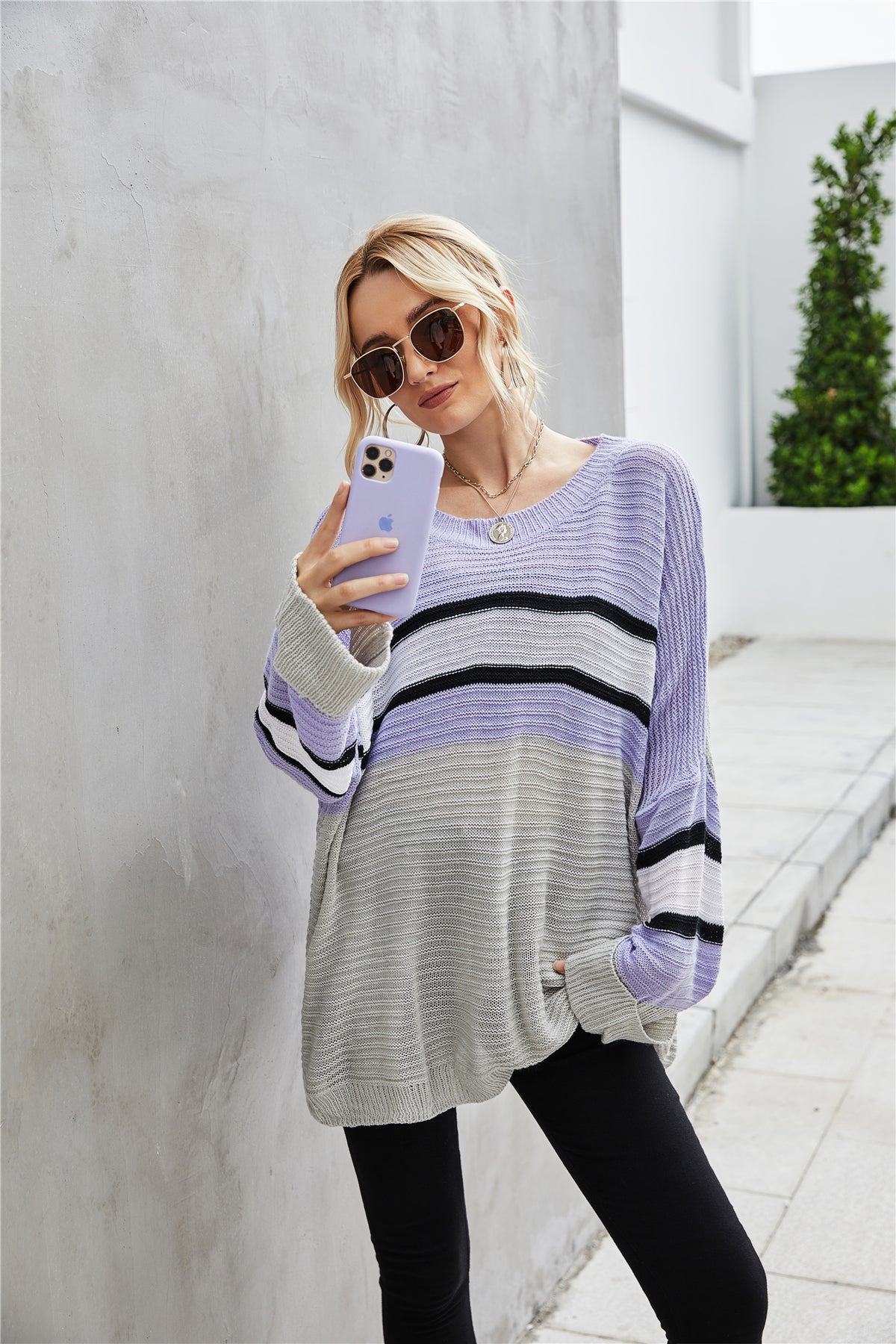 Scoop Neck Striped Color Block Pullover