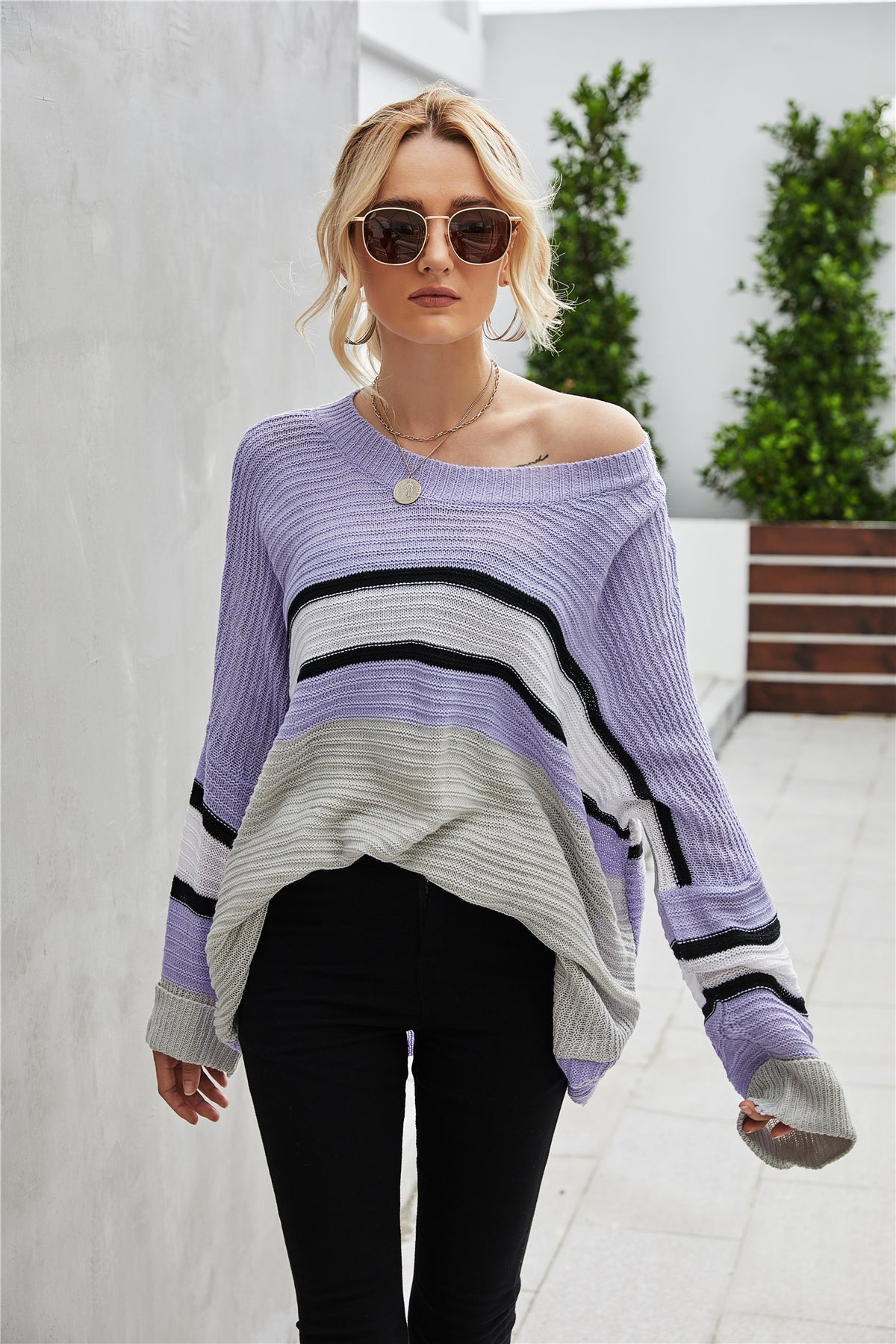 Scoop Neck Striped Color Block Pullover