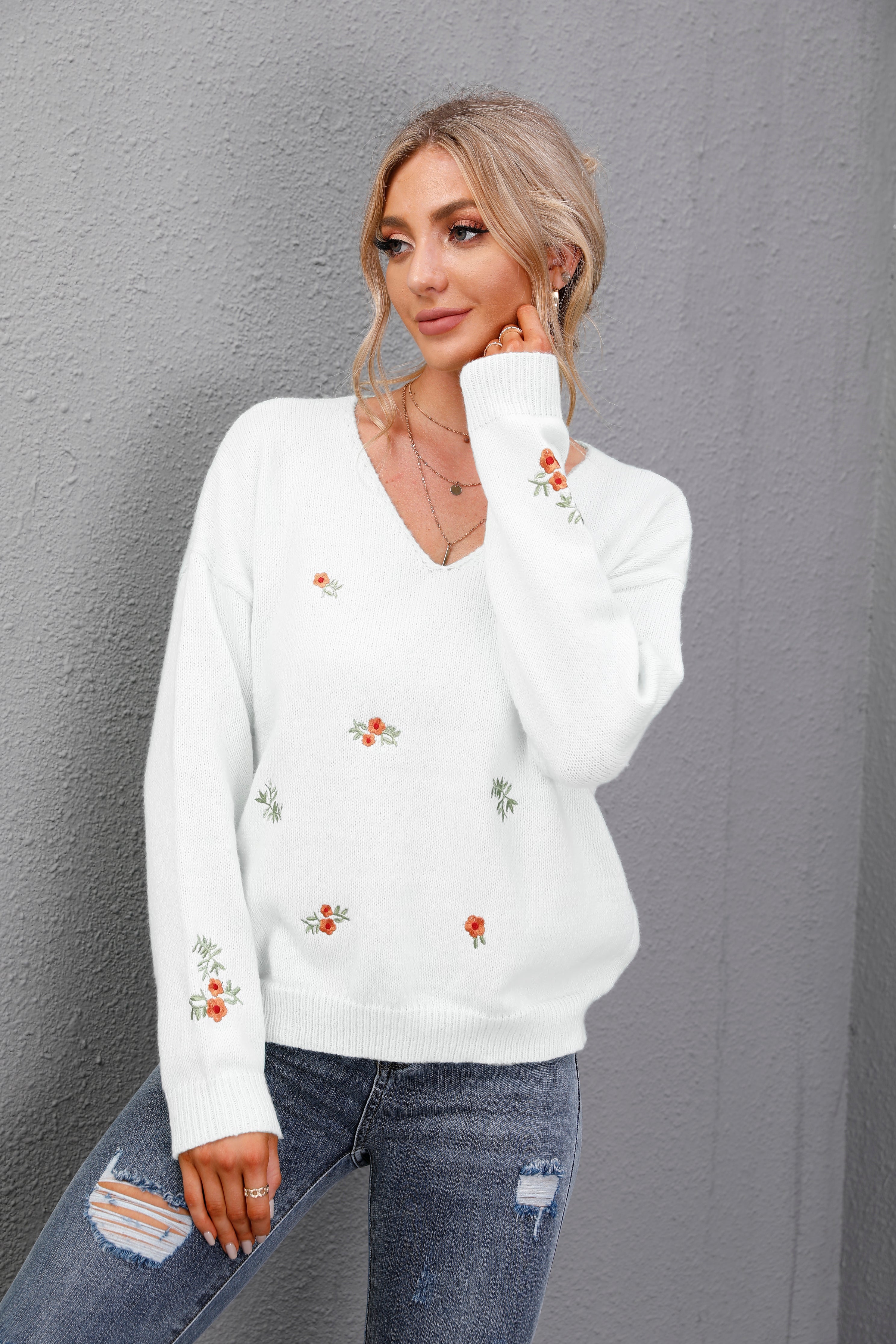 V-Neck Embroidered Plus Size Flower Sweater