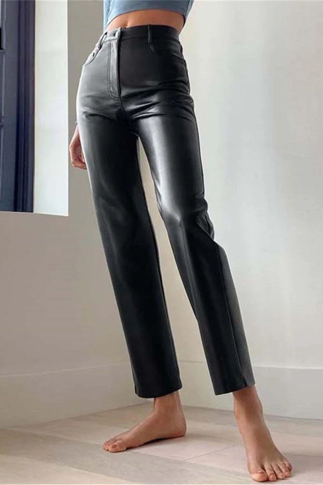 Faux Leather High Waist Straight Leg Pants