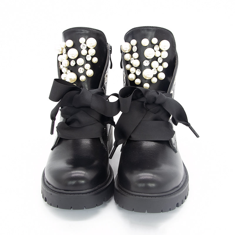 Pearl Ribbon Decorated Black Ankle Boots