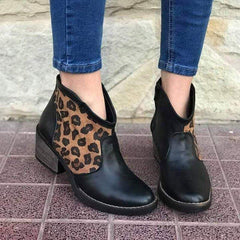 Retro Leopard Ankle Square Heels Boots