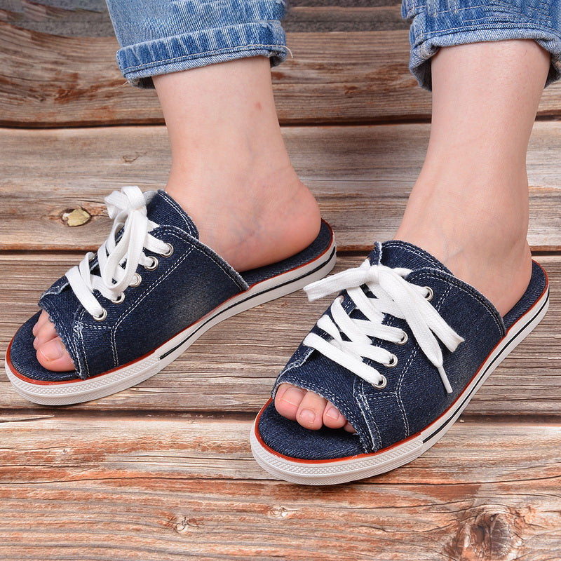 Canvas Lace Up Open Toe Slippers