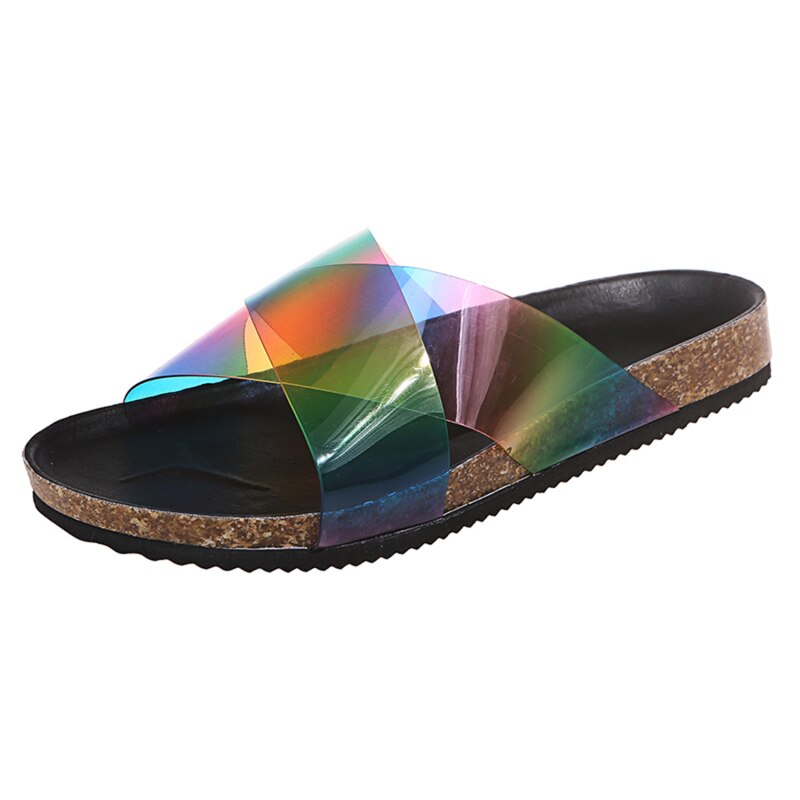 Rainbow Color PU Cross Tied Slippers