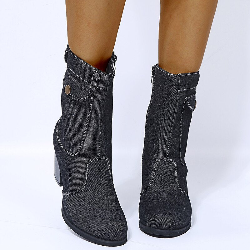 Denim Leather Middle Heel Side Zipper Boots