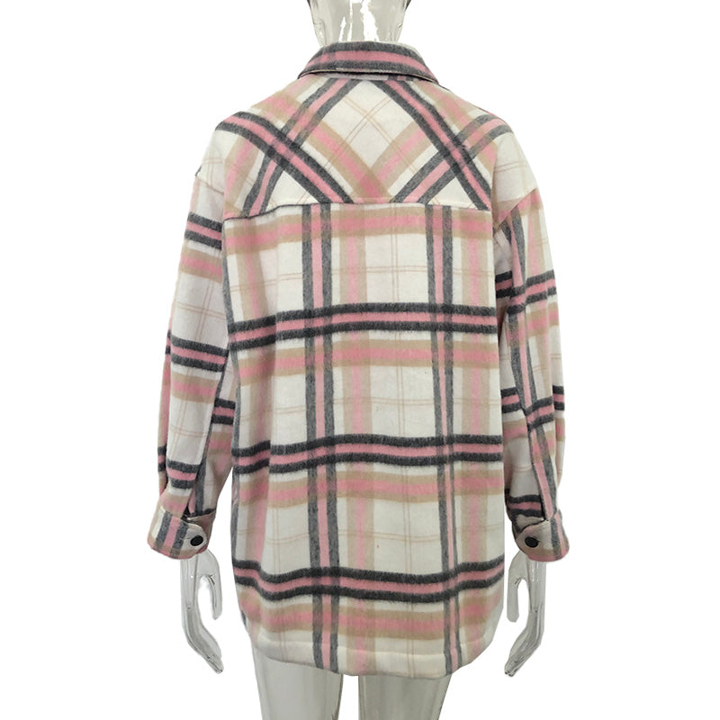 Loose Turn Down Collar Plaid Blouses