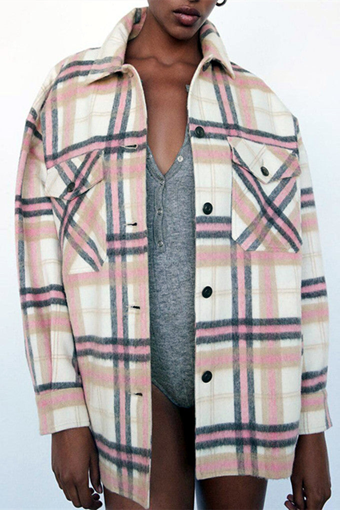 Loose Turn Down Collar Plaid Blouses