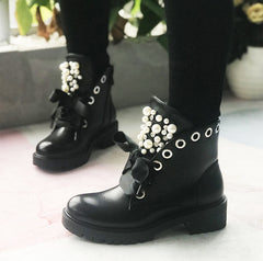 Pearl Ribbon Decorated Black Ankle Boots