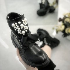 Pearl Ribbon Decorated Black Ankle Boots