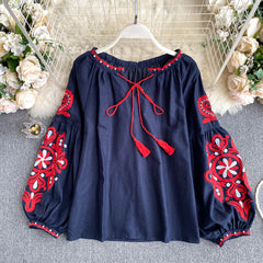 Lace-Up Tassel V-Neck Lantern Sleeve Tops