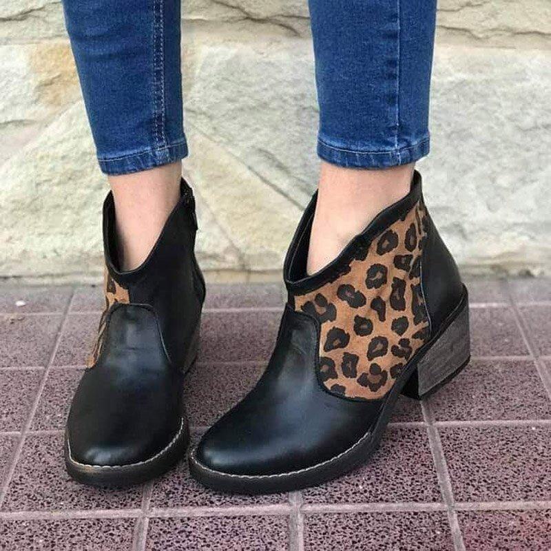 Retro Leopard Ankle Square Heels Boots