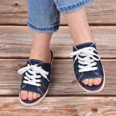 Canvas Lace Up Open Toe Slippers