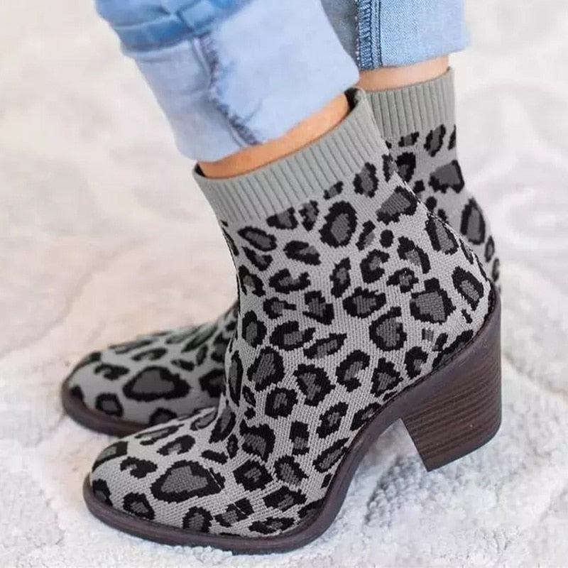 Leopard Ankle Knitting Sock Boots