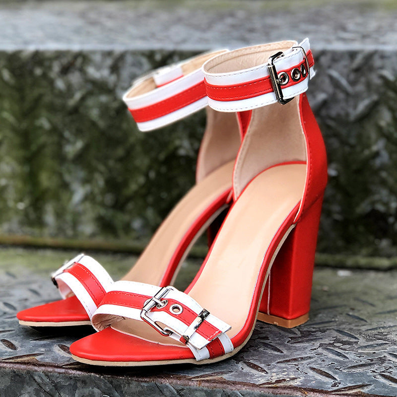 Red Ankle Buckle Strap Square Heels