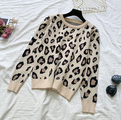 Knit Leopard Pullover Sweaters+Elastic Waist Pants Sets