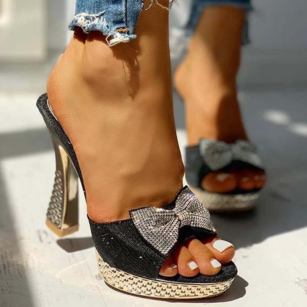 Sequined Open Toe Bow Tie Heels