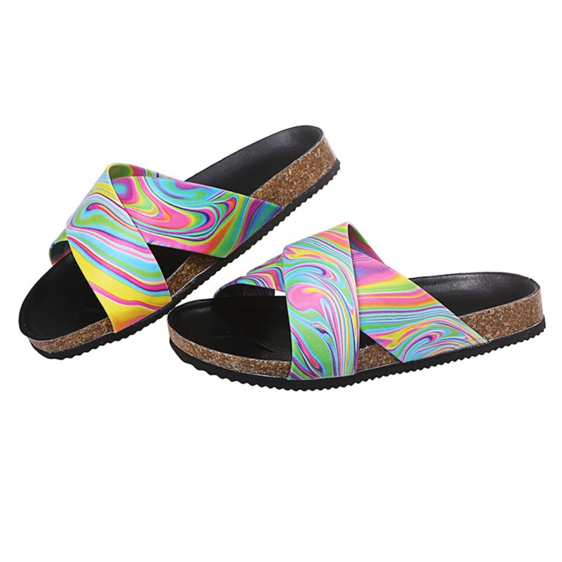 Rainbow Color PU Cross Tied Slippers