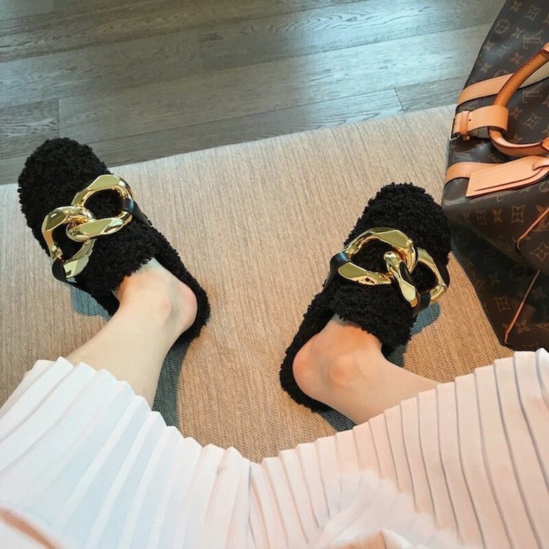 Furry Fur Metal Female Mules Flip Flops