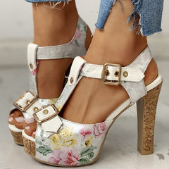 Platform Flower Square Heel Shoes