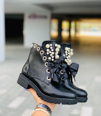 Pearl Ribbon Decorated Black Ankle Boots