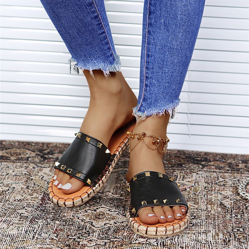 Punk Rivet Leather Sewing Slippers