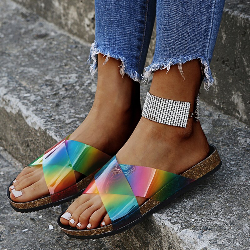 Rainbow Color PU Cross Tied Slippers