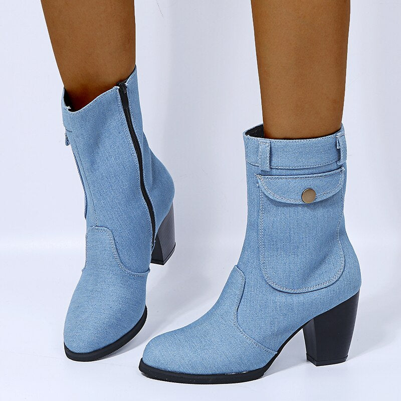 Denim Leather Middle Heel Side Zipper Boots