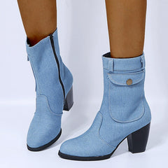 Denim Leather Middle Heel Side Zipper Boots