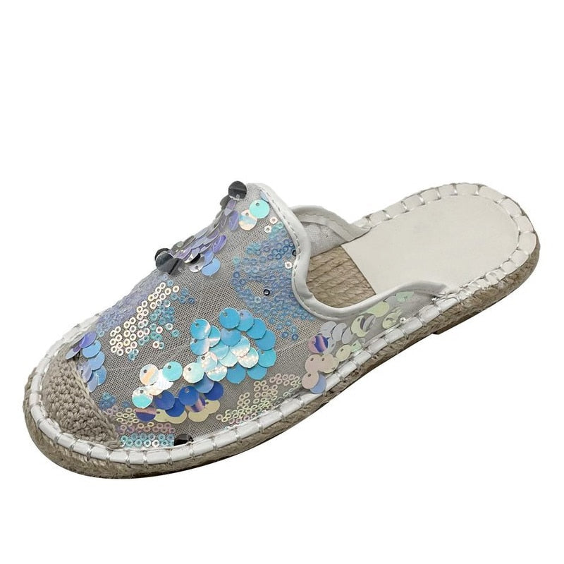 Hemp Soled Sequined Cloth Bling Flat Slippers